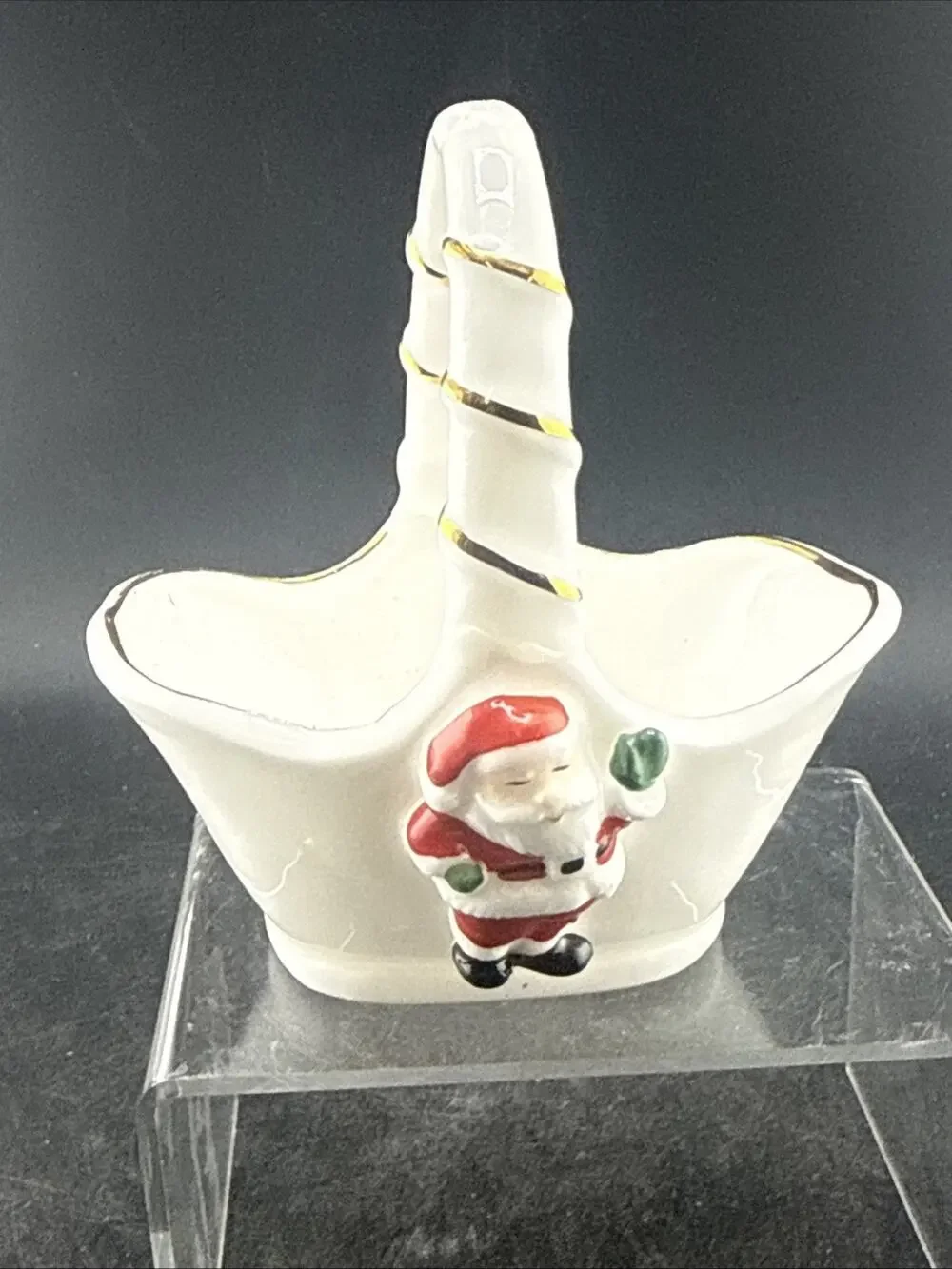 Vintage OCI Omnibus Christmas Santa Ceramic Candy Basket Dish Taiwan Sticker Vtg